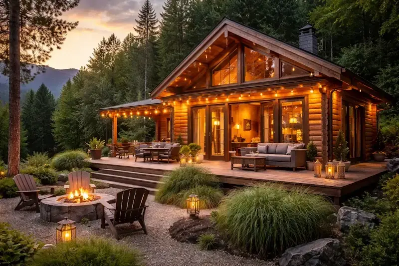 chalet en bois rentable pour Airbnb avec terrasse extérieure, ambiance cosy et vue nature, générant des revenus passifs