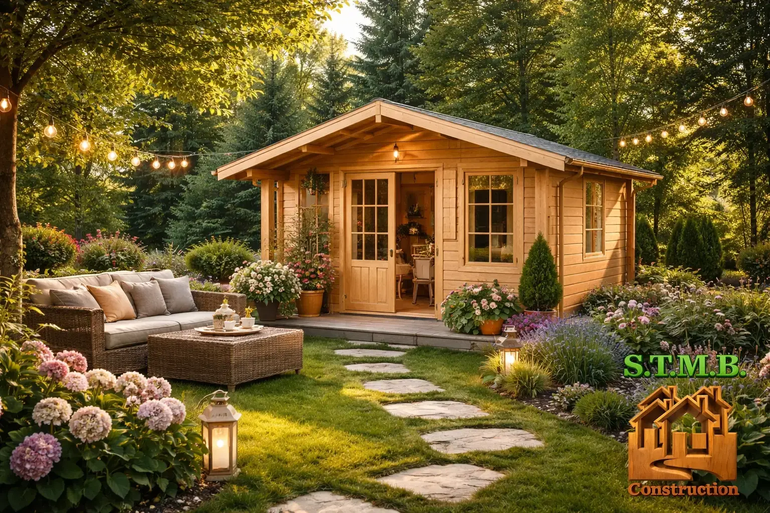 Chalet de jardin en bois dans un jardin paysage