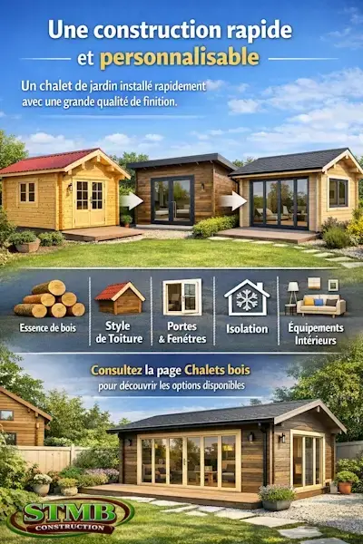 Chalet de jardin en bois personnalisable installation rapide differents styles de toiture portes et fenetres sur mesure isolation et equipements interieurs de qualite