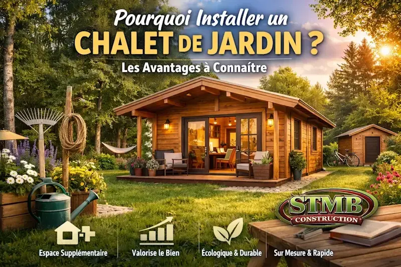 Chalet de jardin en bois sur mesure installe dans un jardin paysager stmb construction specialiste des chalets bois
