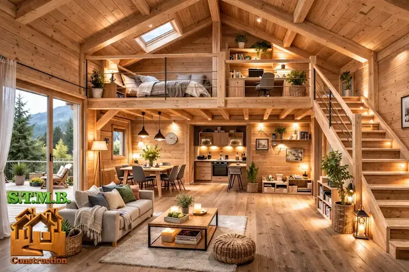 Chalet en bois avec mezzanine escalier lateral et espace de vie optimise interieur lumineux et chaleureux