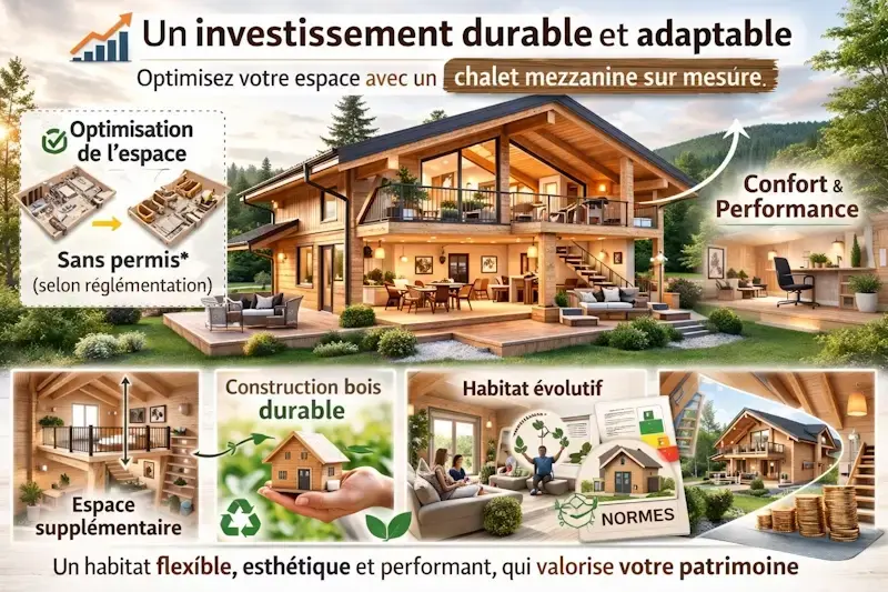 Chalet en bois avec mezzanine investissement durable et habitat evolutif