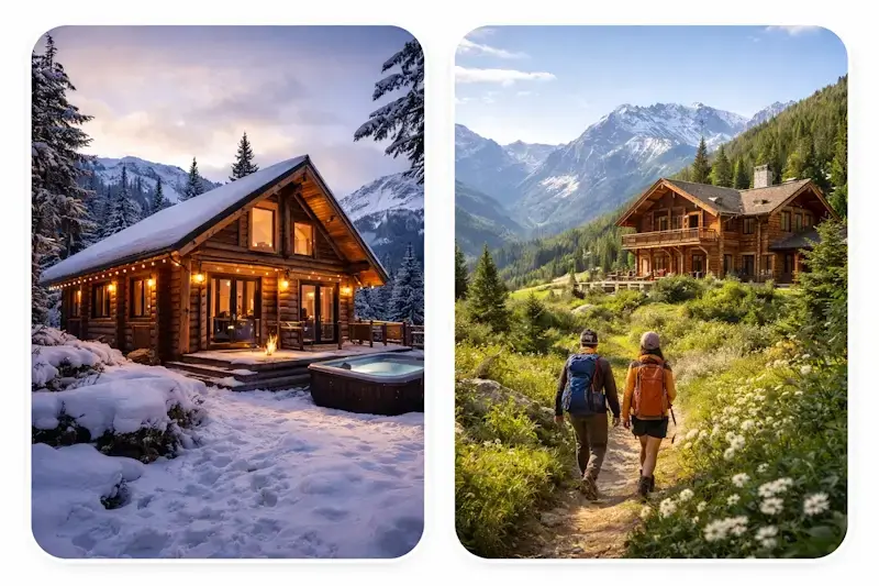 Chalet en bois en montagne en hiver et en ete sejour cocooning sous la neige et randonnees nature en saison estivale
