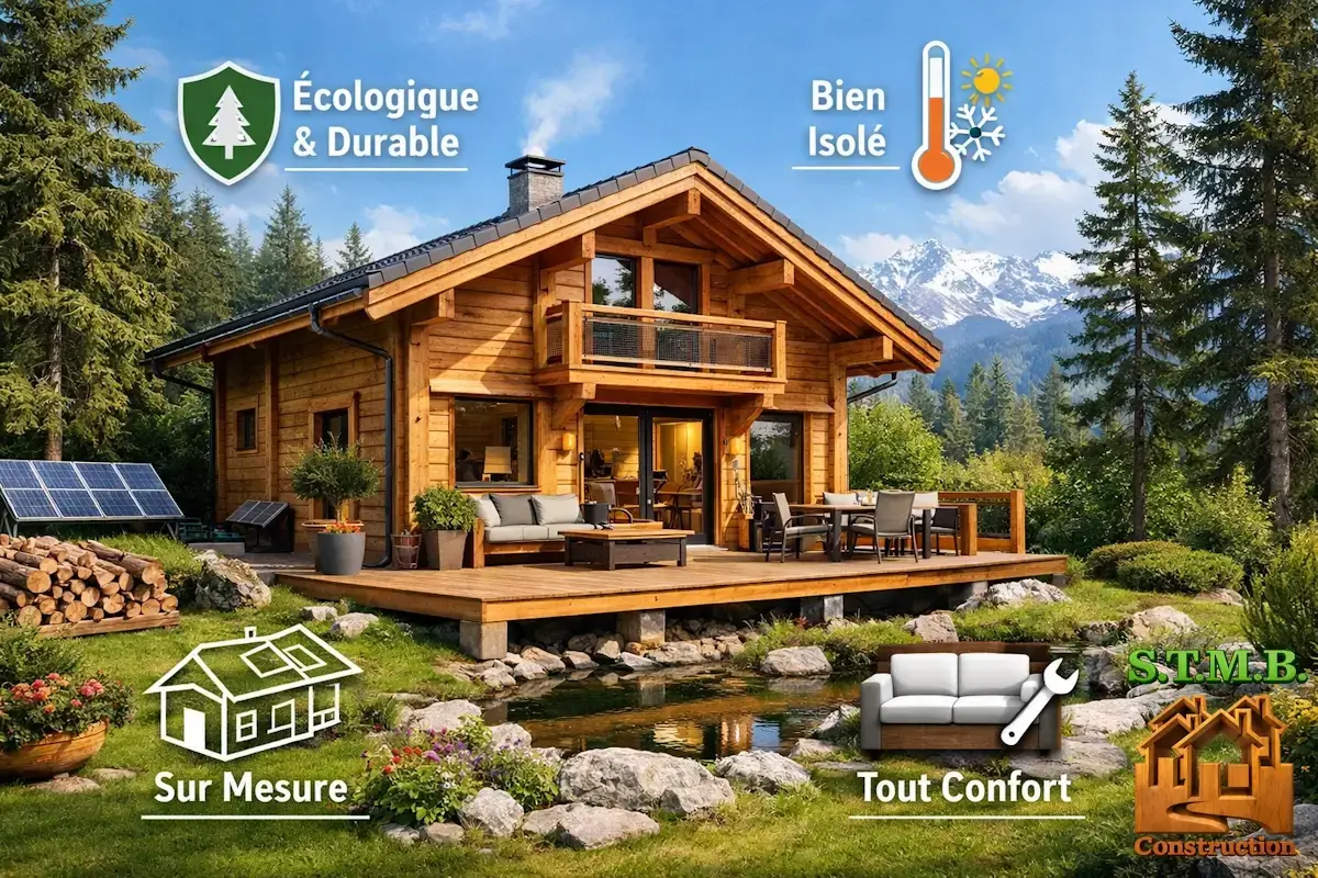 Chalet en bois habitable moderne avec terrasse construction ecologique et isolation performante stmb construction