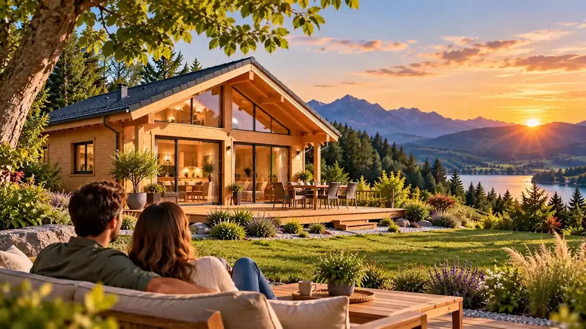 Couple profitant de la terrasse d’un chalet habitable en bois au coucher du soleil