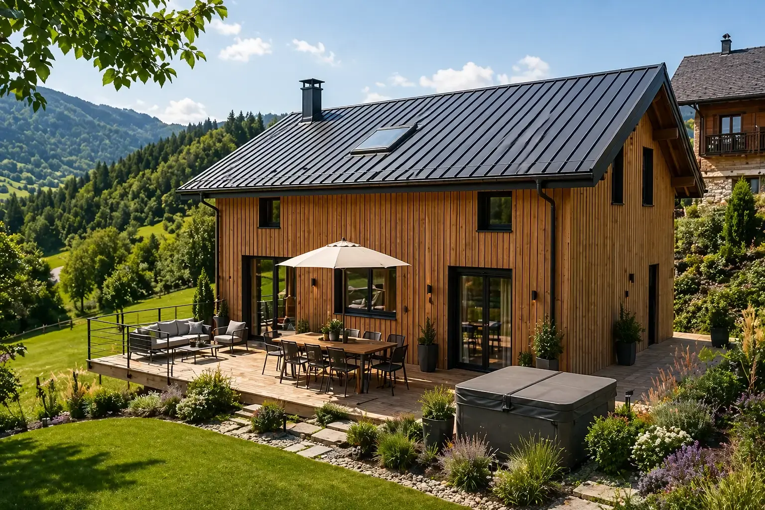 Chalet moderne en bois avec terrasse aménagée, jardin paysager et vue sur les montagnes, maison contemporaine