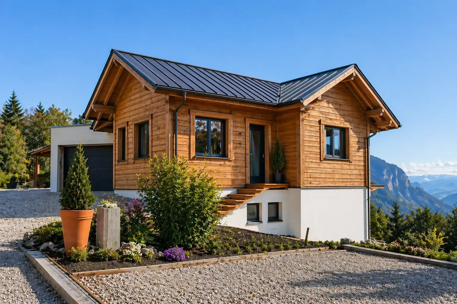 Chalet moderne en bois avec vue sur les montagnes, maison ossature bois avec jardin paysager et garage