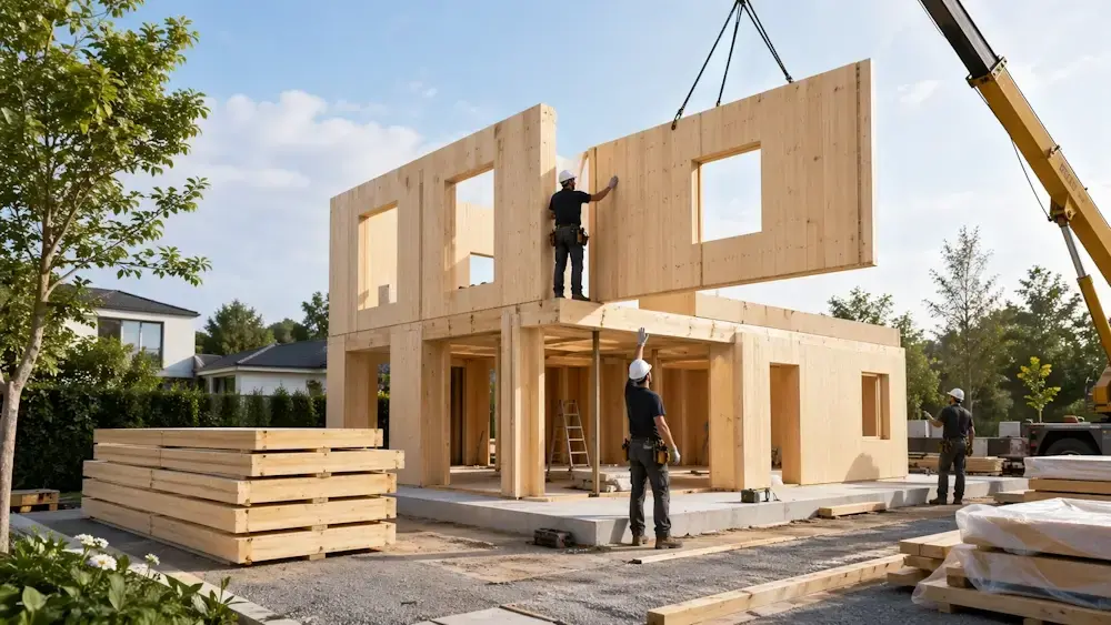 Chantier de construction d’une maison en bois moderne avec panneaux préfabriqués, installation rapide et site propre avec grue et ouvriers