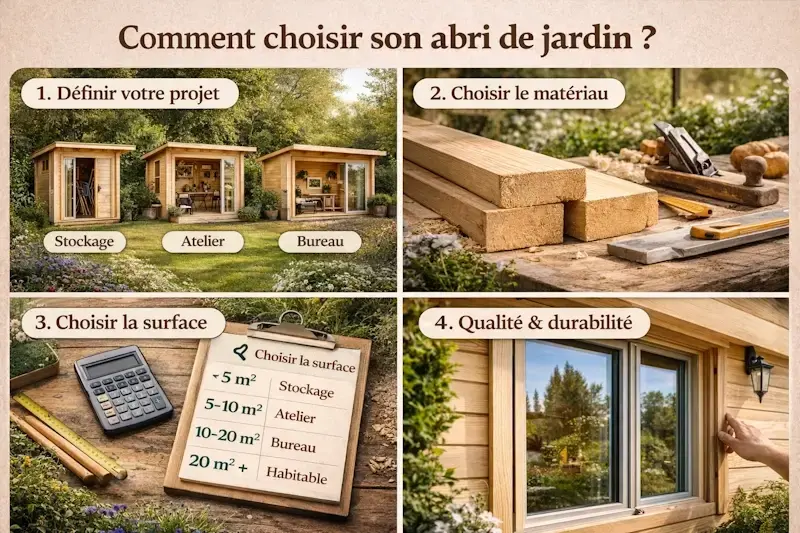 Infographie montrant comment choisir un abri de jardin : projet, matériau, surface et qualité