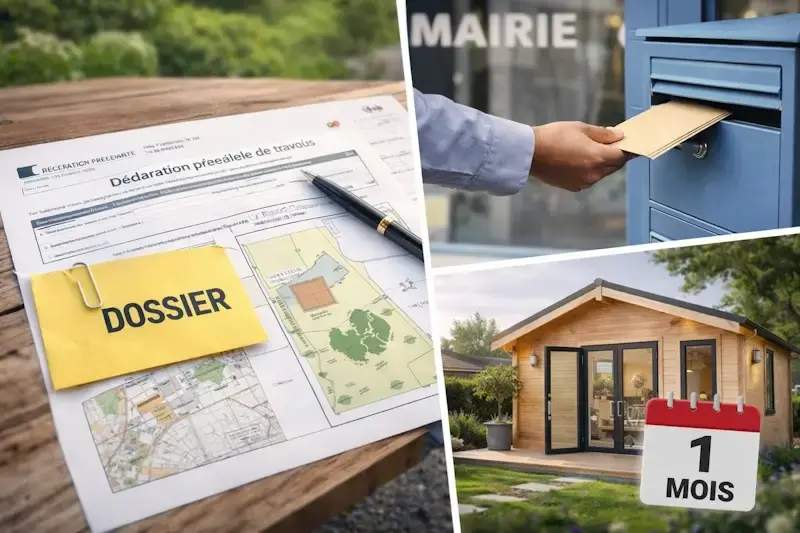 Illustration des démarches pour déclarer un abri de jardin avec formulaire Cerfa, plans et dépôt en mairie avec délai d’environ un mois