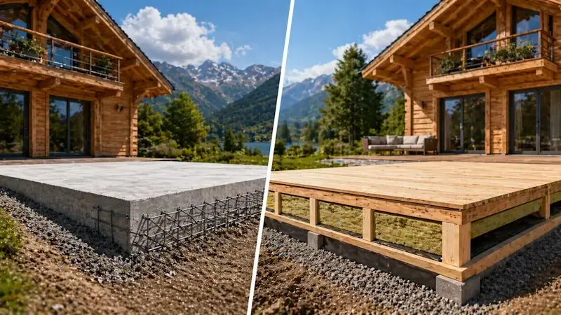 comparaison dalle béton et dalle bois isolée pour chalet bois avec vue sur structure et isolation thermique