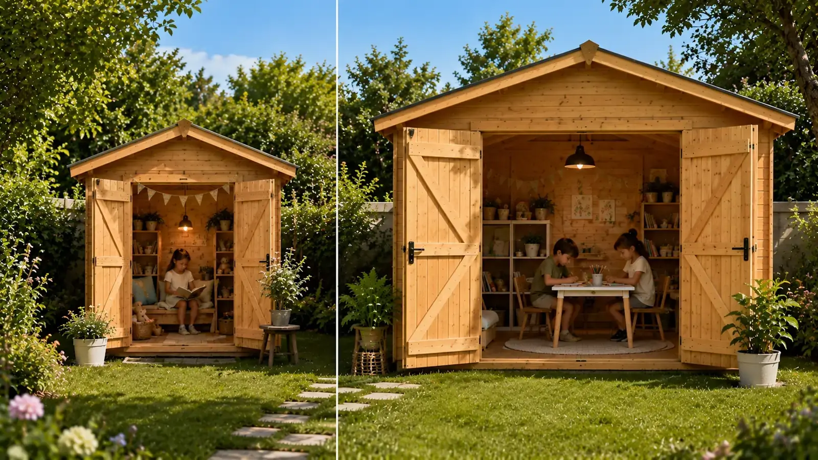 Comparaison entre un petit et un grand cabanon pour enfants dans un jardin avec espace lecture et activités créatives.