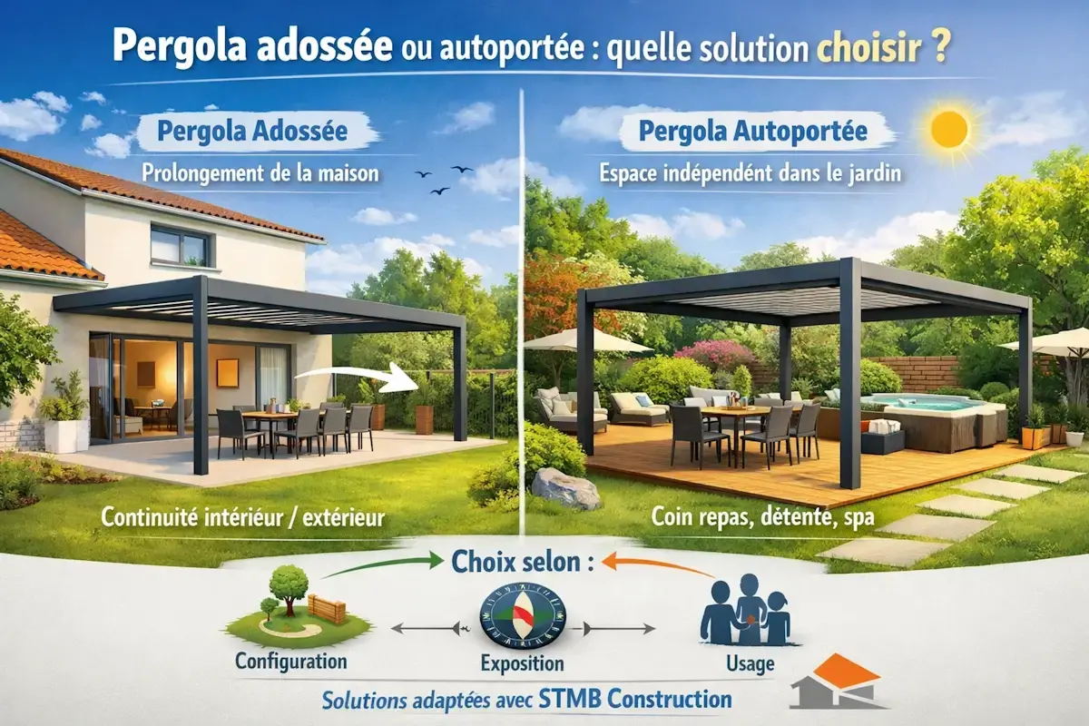 Comparatif pergola adossee et pergola autoportee extension de maison et structure independante de jardin pour coin repas detente ou spa exterieur