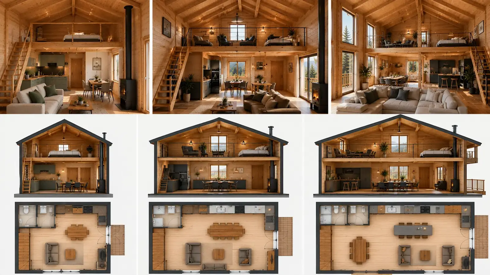 Comparatif de surfaces pour chalet bois habitable avec mezzanine montrant différents volumes intérieurs et aménagements optimisés – STMB Construction