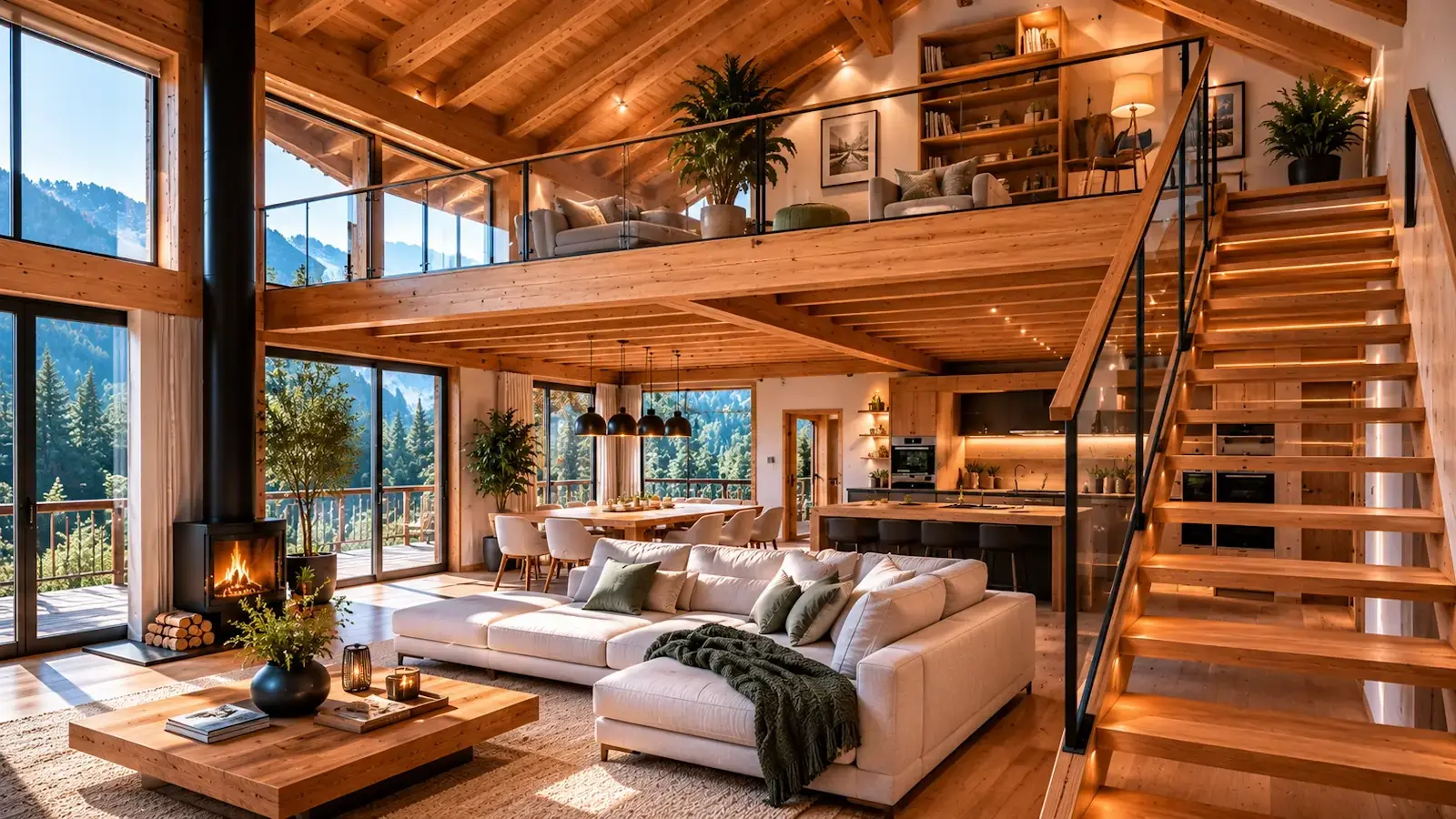 Intérieur de chalet bois avec mezzanine et espace de vie optimisé