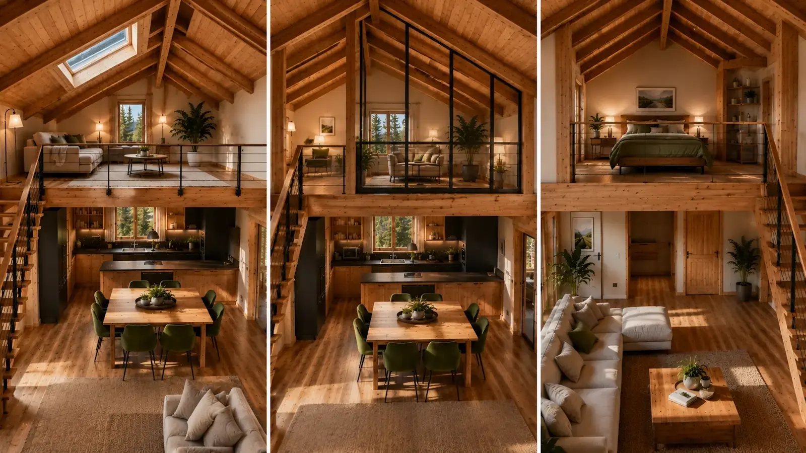 Différentes configurations de mezzanine dans un chalet bois avec espaces ouverts, semi-fermés et zone nuit sous charpente apparente.