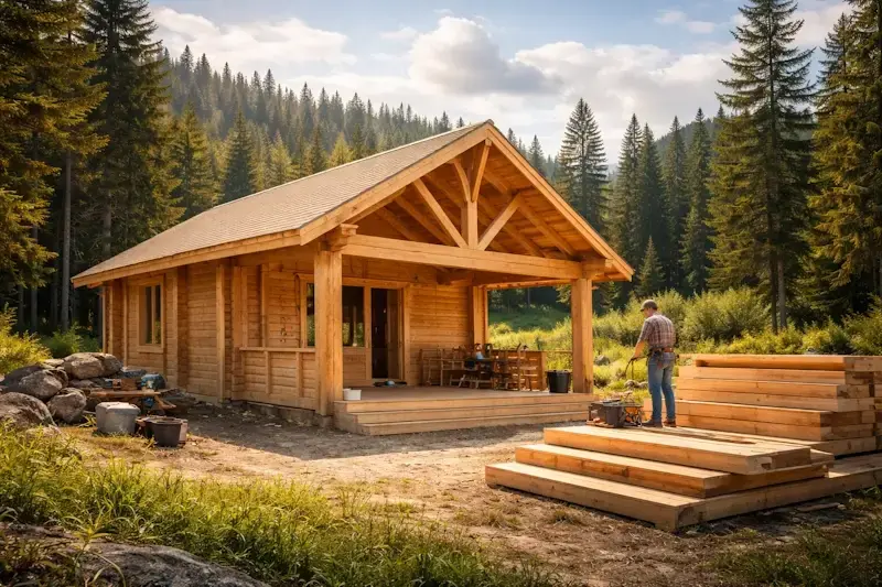 construction de chalet en bois en pleine nature illustrant une solution économique et durable