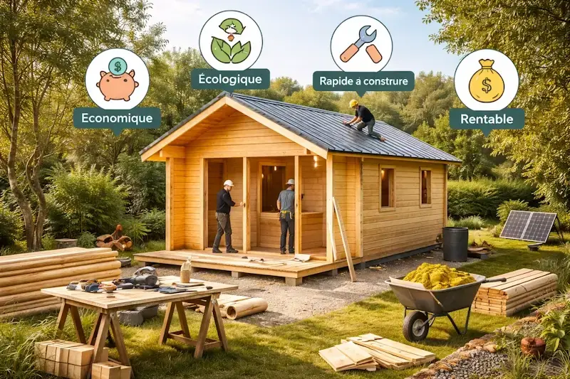 Construction d’un chalet en bois habitable de 20m² dans un jardin, illustrant une solution de logement compact, économique et rapide à installer.