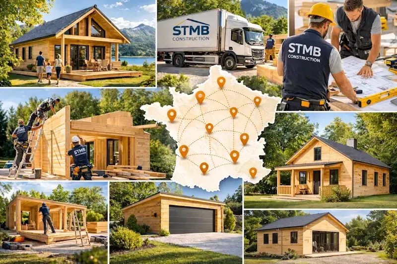 Installation de chalets, maisons, garages et bureaux de jardin en bois partout en France par STMB Construction.