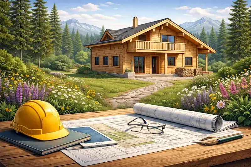 Projet de construction d’un chalet en bois avec plans, casque de chantier et chalet terminé en arrière-plan.