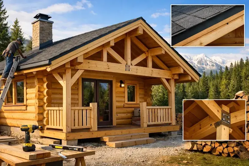 Construction d’un chalet de jardin en bois avec charpente solide, structure bien alignée et toiture étanche pour une construction durable.