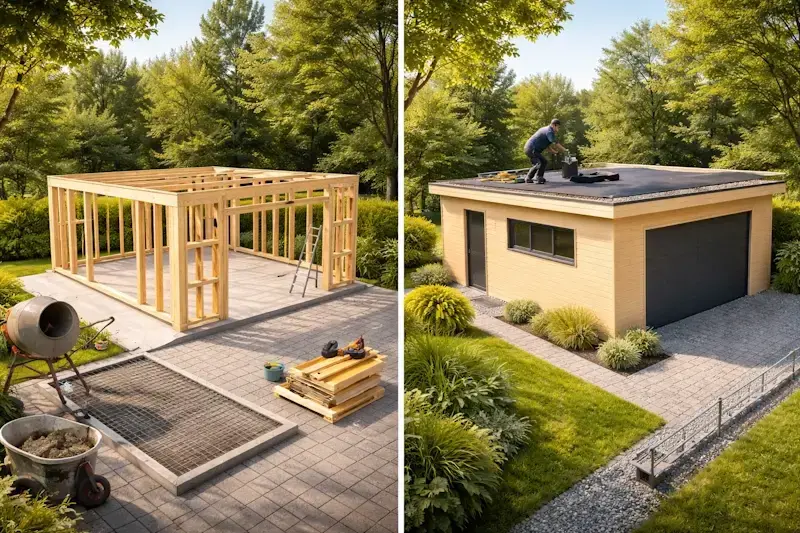 etapes construction garage bois toit plat dalle beton ossature bois toiture plate en situation reelle