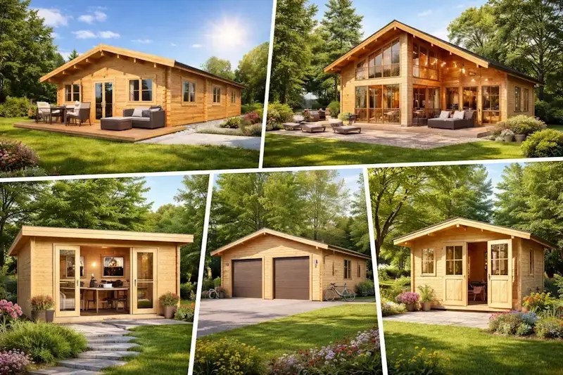 Différents types de constructions en bois : chalet habitable, maison en bois, bureau de jardin, garage et abri de jardin