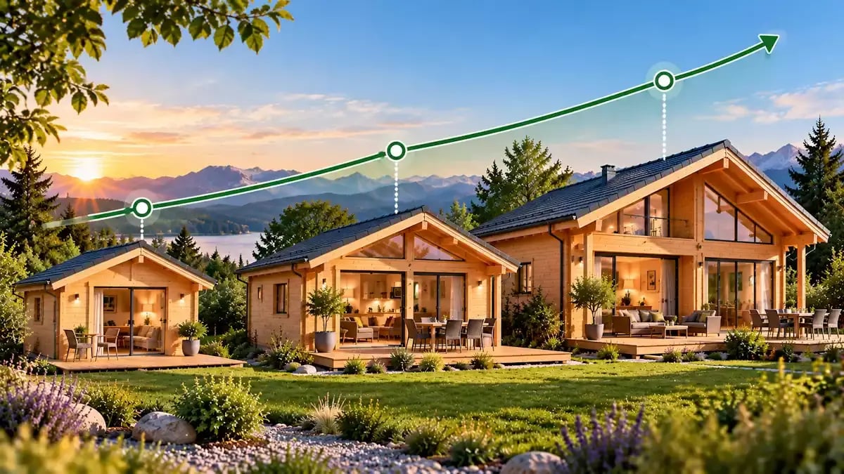 Chalets en bois de différentes tailles illustrant l’évolution du budget selon la surface