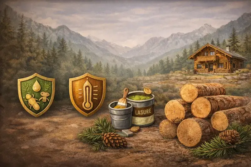 Illustration des critères de choix du bois pour un chalet : durabilité, isolation thermique, résistance et entretien