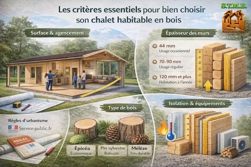 Criteres pour choisir un chalet habitable en bois surface epaisseur des murs isolation et type de bois