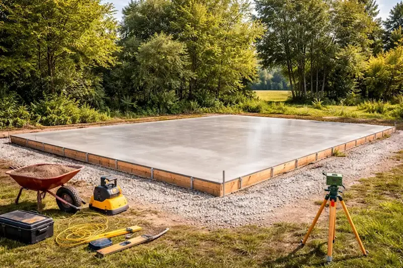 Dalle béton parfaitement plane préparée pour l’installation d’un chalet en bois habitable.