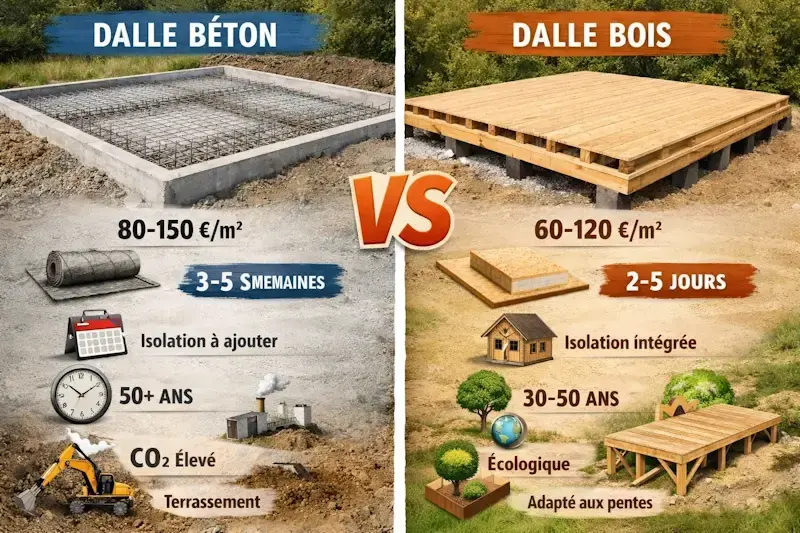 Comparatif dalle béton vs dalle bois : coût, temps de construction, isolation thermique, durabilité et impact écologique