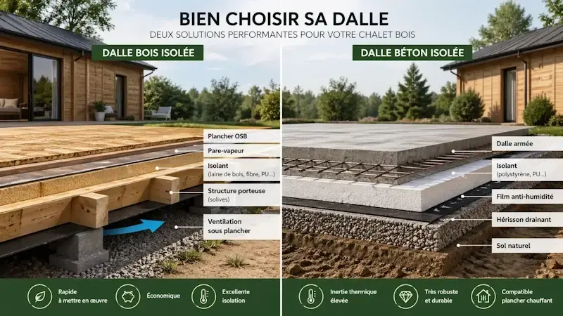 Schéma comparatif dalle bois isolée et dalle béton pour chalet avec couches et isolation thermique