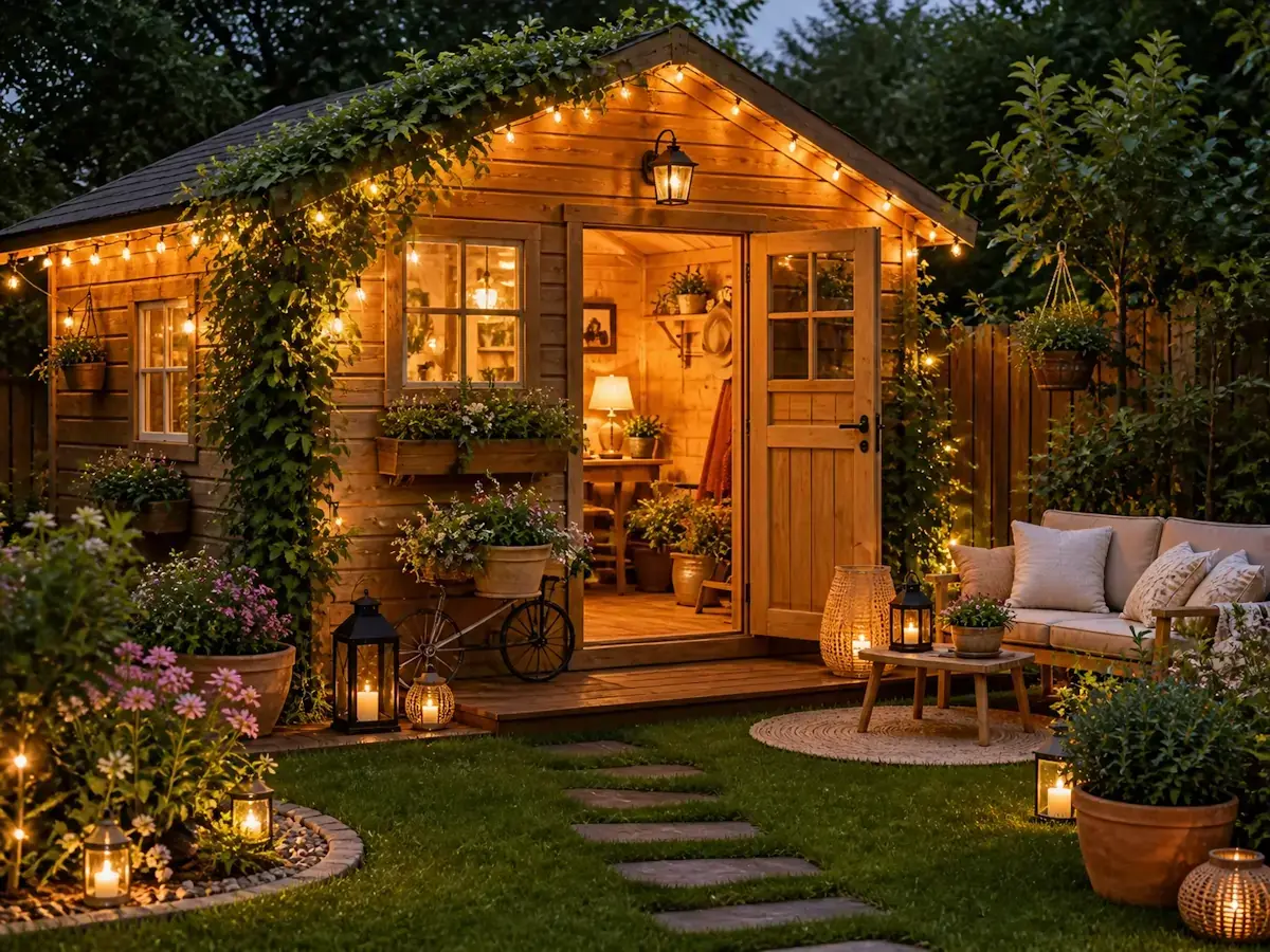 cabanon de jardin en bois décoré avec guirlandes lumineuses lanternes et mobilier extérieur ambiance cosy
