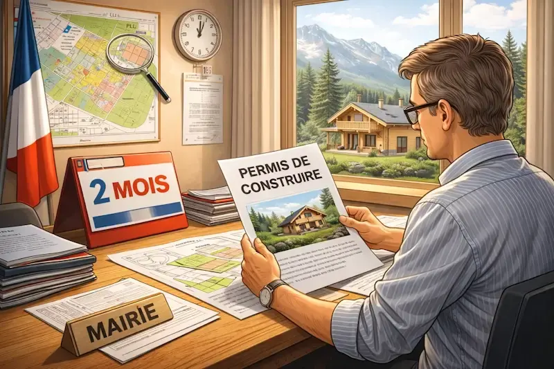 Instruction d’un dossier de permis de construire en mairie avec délai d’étude d’environ 2 mois.