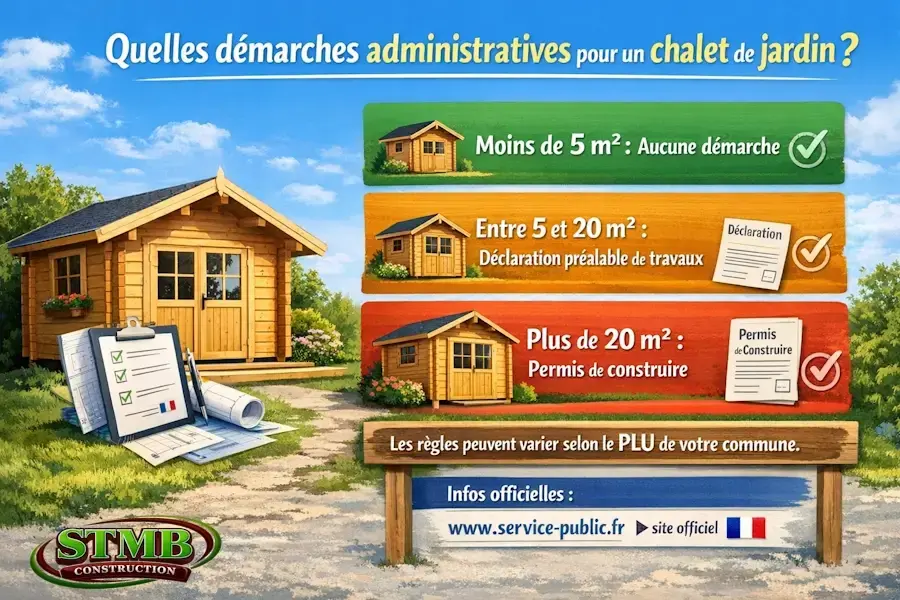 Demarches administratives pour un chalet de jardin en france selon la surface sans formalite declaration prealable ou permis de construire