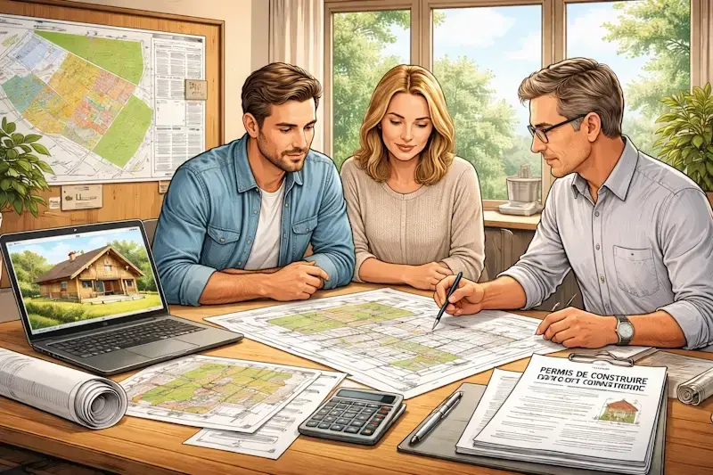 Architecte et clients préparant les plans et documents nécessaires pour une demande de permis de construire d’un chalet en bois.