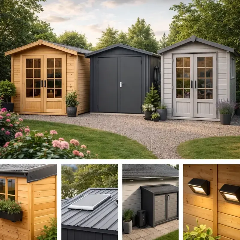 Differents modeles d abris de jardin bois metal et composite presentes cote a cote pour comparer materiaux et options avant d acheter