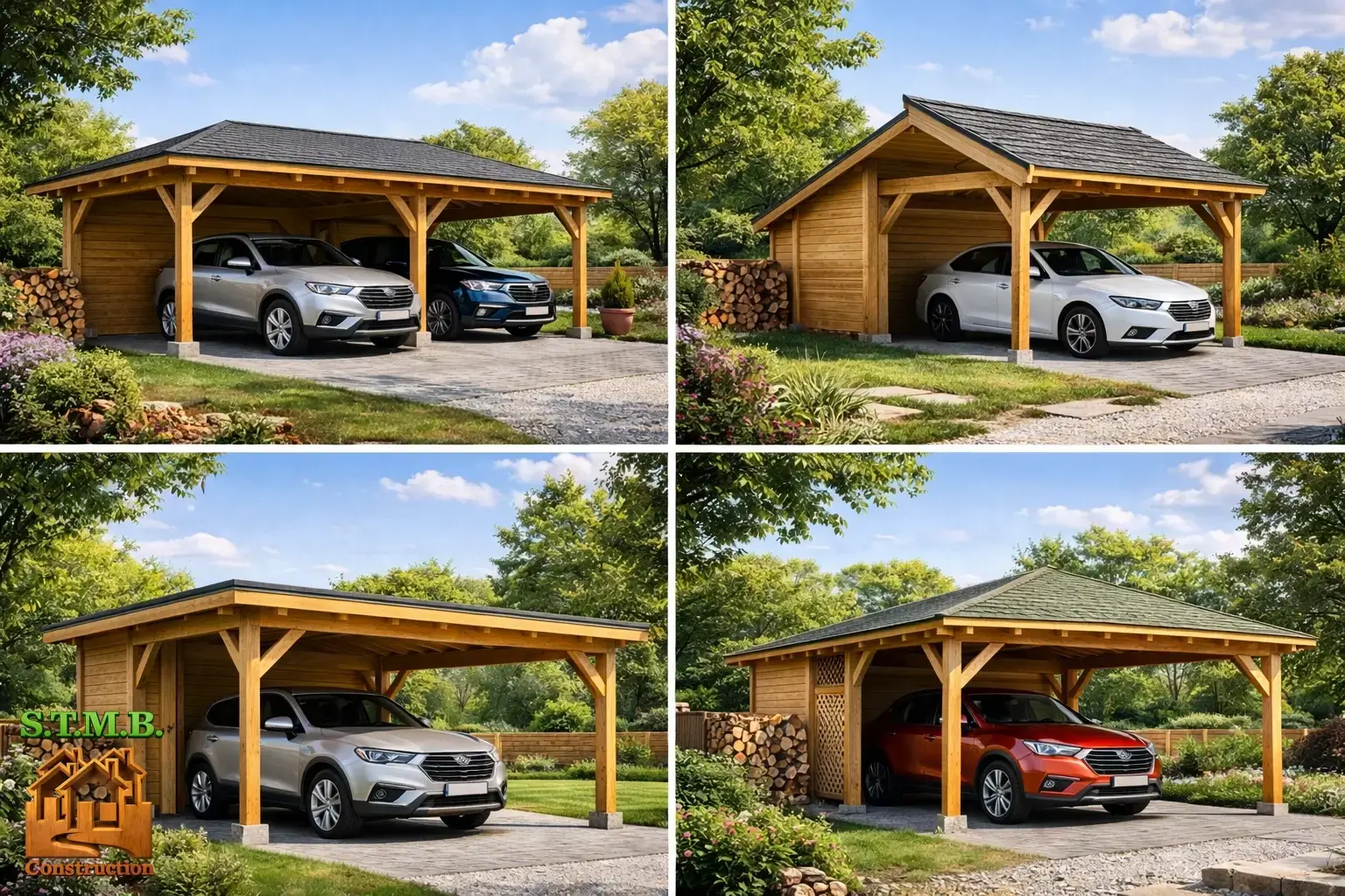 Differents modeles de carports en bois 2 pans asymetrique et monopente
