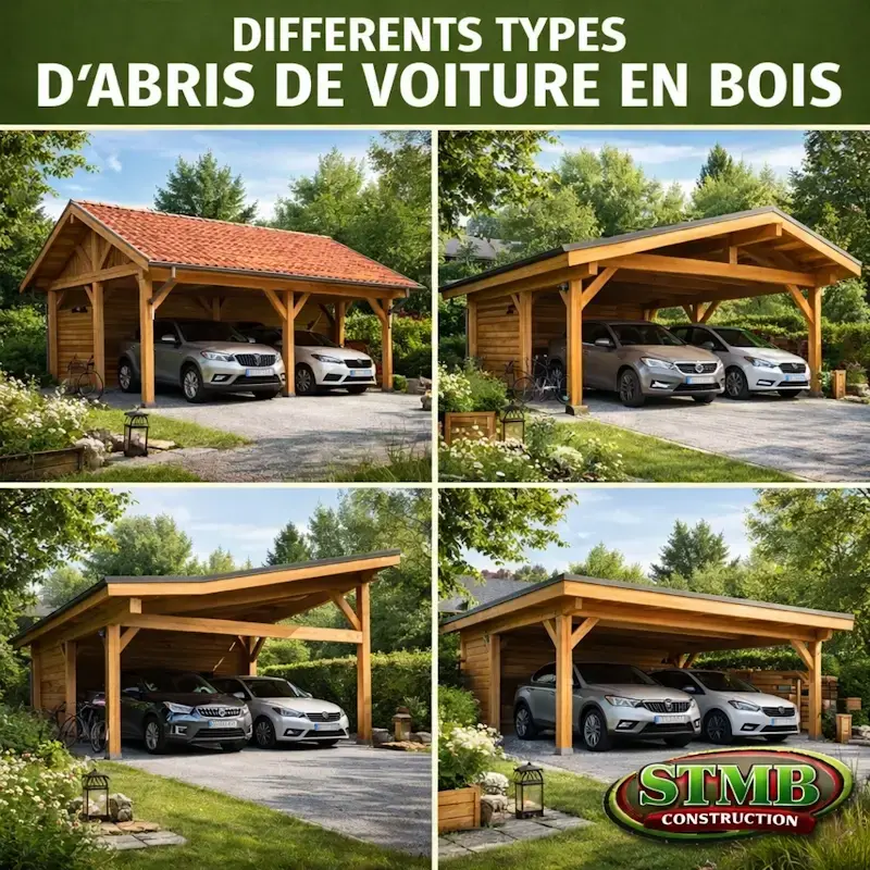 Differents types d abris de voiture en bois carport 2 pans monopente asymetrique et toit plat structures bois stmb construction