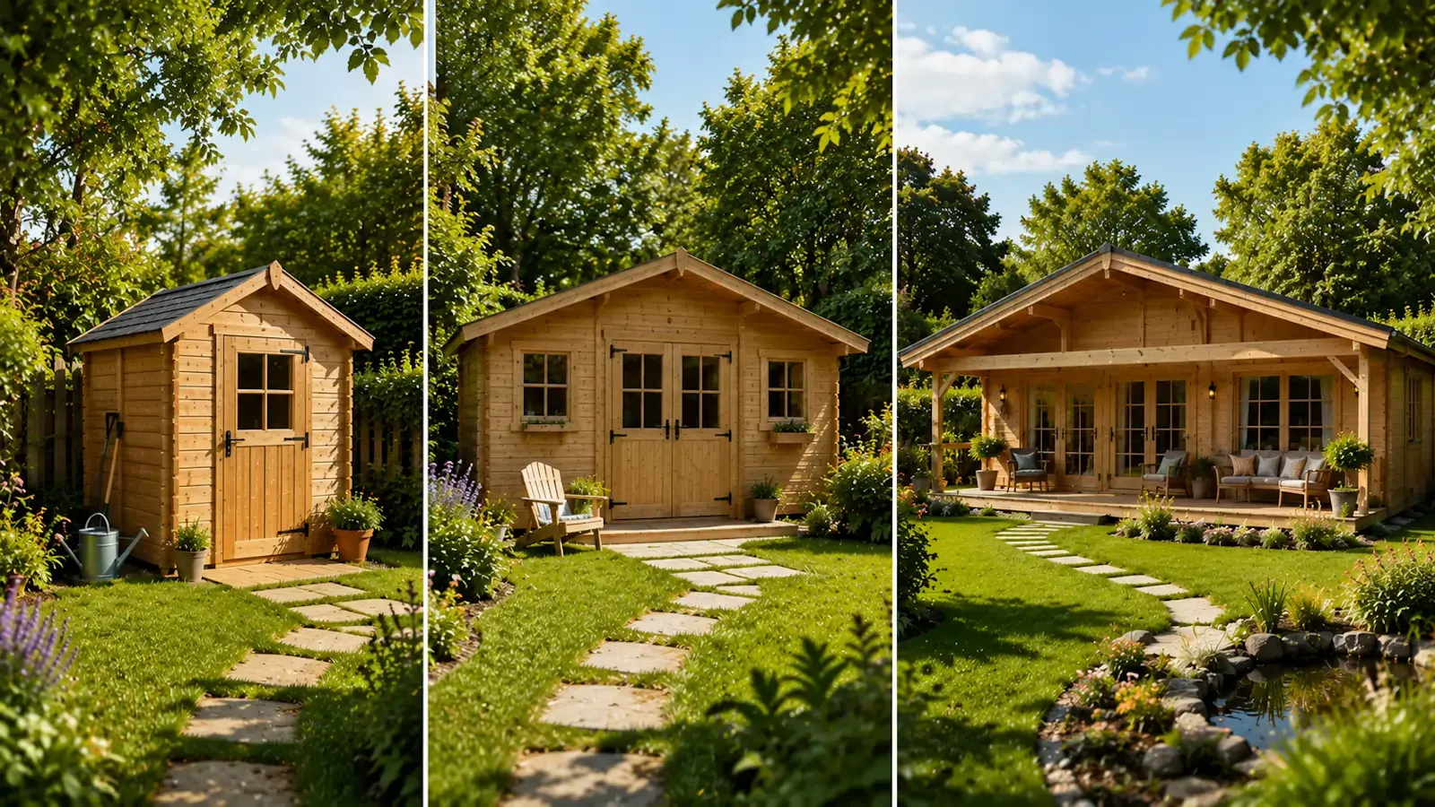 Comparaison de différentes tailles de cabanons en bois dans un jardin : petit abri, chalet moyen et grand chalet habitable