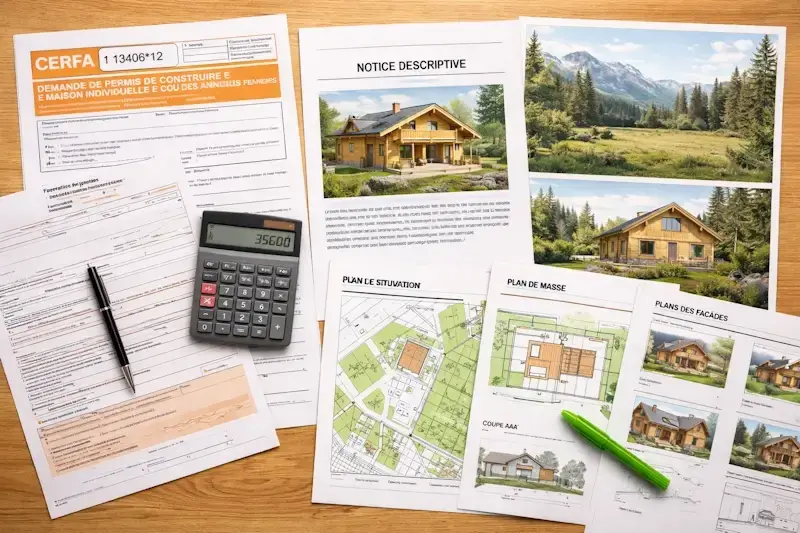 Documents nécessaires pour un permis de construire avec formulaire CERFA, plans de situation, plan de masse et photos du terrain.
