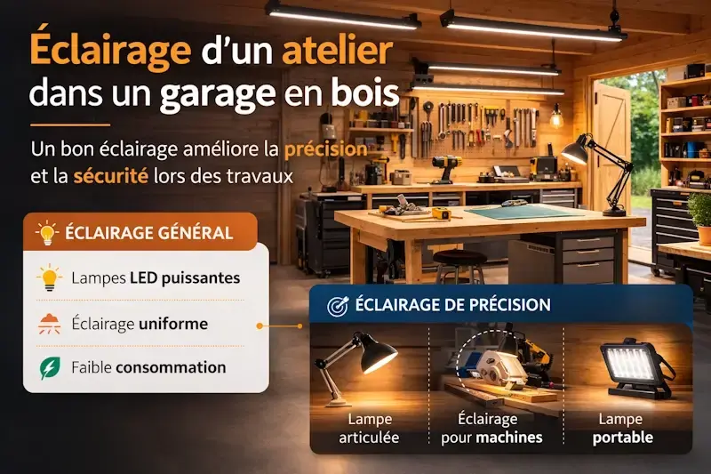 Eclairage d un atelier de bricolage dans un garage en bois avec lampes led et eclairage de precision