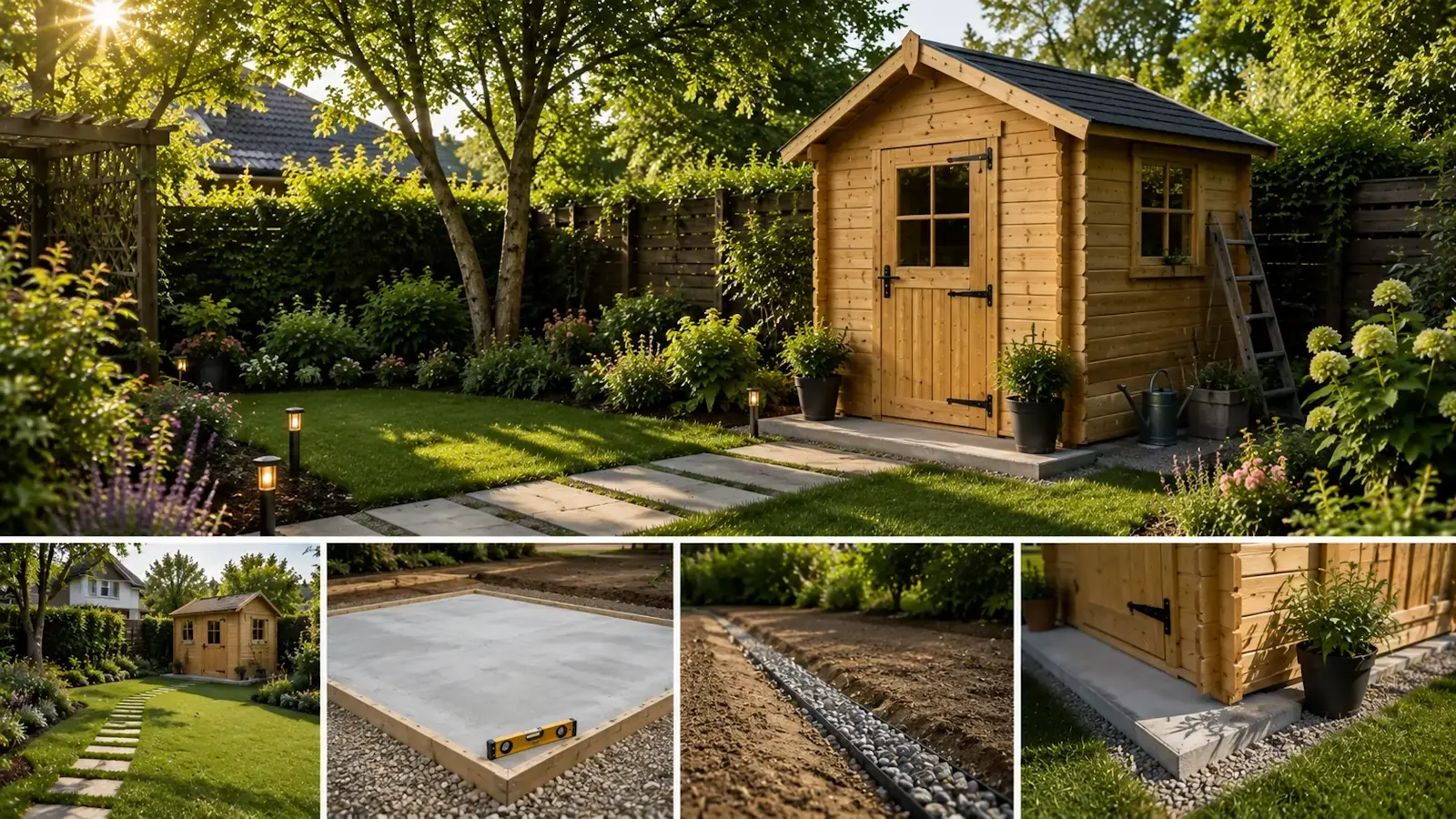 Cabanon en bois bien positionné dans un jardin paysager avec dalle béton et terrain sec