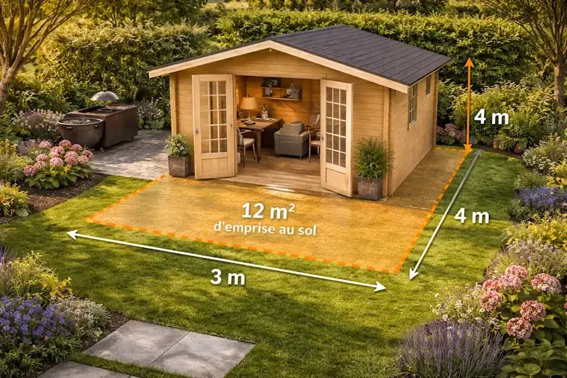Schéma emprise au sol abri de jardin 3x4 m soit 12 m² avec calcul de surface et dimensions au sol