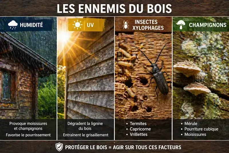 Infographie montrant les ennemis du bois : humidité, UV, insectes xylophages et champignons responsables de la dégradation d’un chalet en bois