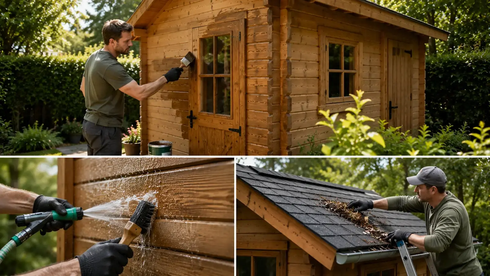 Entretien d’un cabanon en bois avec application de lasure, nettoyage des surfaces et vérification de la toiture