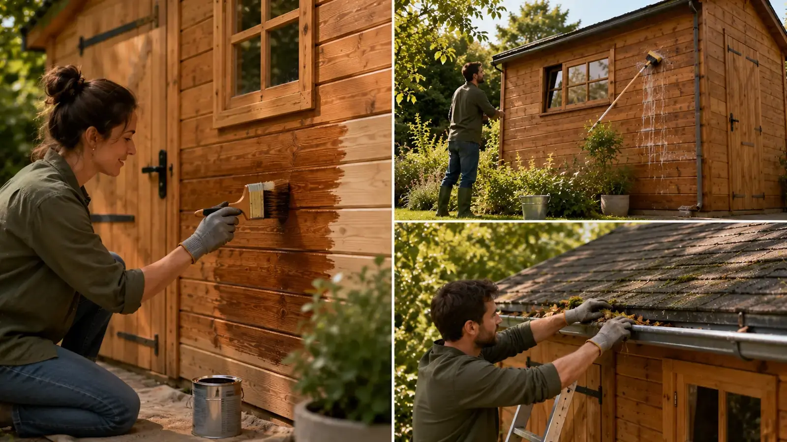 Entretien d’un cabanon en bois avec application de lasure, nettoyage des parois et maintenance de la toiture dans un jardin.