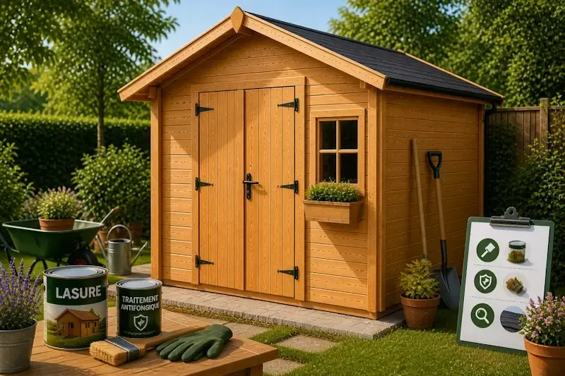 entretien cabanon de jardin en bois avec lasure traitement antifongique et outils de maintenance