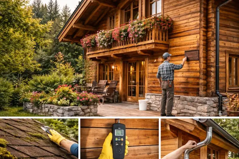Entretien d’un chalet en bois habitable avec traitement du bois, nettoyage de la toiture et contrôle de l’humidité pour assurer sa durabilité.